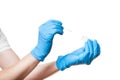 Hands in a blue sterile gloves to give cotton swab to glass bottle for sampling smear analysis.