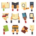 Hands with books. Holding book in hand, reading ebook and reader learning open textbook icon. Reading vector icons set Royalty Free Stock Photo