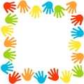 Hands border, palms frame. Multicolored handprints. Symbols of friendship, teamwork. Kids hands prints in paint. Vector