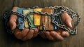 Hands bound by chains of credit cards, representing debt bondage Royalty Free Stock Photo