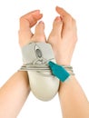 Hands bound by mouse cable Royalty Free Stock Photo