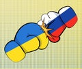 Hands in boxing gloves with Ukrainian and Russian flags clash in punch, aggressive fight