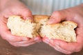 Hands break bread. Harmful carbohydrates. Baker rips fresh bread close-up Royalty Free Stock Photo