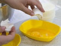 Hands break a raw egg. Separation of egg white from yolk