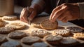 hands of the bride and a baker decorating a batch of sugar cookies with intricate designs, AI Generated Royalty Free Stock Photo