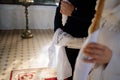 Hands bride groom associated with towel on wedding Royalty Free Stock Photo