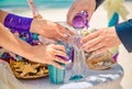 Hands of the bride and groom at Caribbean sand ceremony Royalty Free Stock Photo