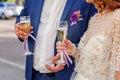 Hands of bride and groom clink glasses with champagne Royalty Free Stock Photo