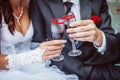 Hands of bride and groom clink glasses with champagne Royalty Free Stock Photo