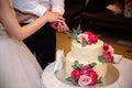 Hands of bride and groom cut sweet wedding cake. Concept of advertising scenery of food and desserts