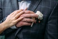 Hands of the bride and groom with elegant manicure, close-up. Wedding rings of the newlyweds, couple on wedding day, touching
