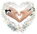 Hands of the bride and groom folded in the shape of a heart, in a floral wreath of delicate wedding flowers. Royalty Free Stock Photo