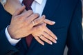 Hands of the bride and groom with gold rings, close-up. Embrace of newlyweds. Creating a loyal family