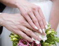 Hands of the bride and groom with gold wedding rings on the background of a bouquet, wedding