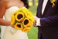 Hands of a bride and groom holding sunflower bouquet Royalty Free Stock Photo