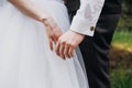 Hands of bride and groom. New young couple holding hands after their wedding. Young married couple holding hands, ceremony wedding Royalty Free Stock Photo