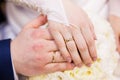 Hands of the bride and groom with rings and beautiful bridal bouquet Royalty Free Stock Photo