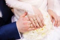 Hands of the bride and groom with rings and beautiful bridal bouquet Royalty Free Stock Photo