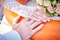 Hands of the bride and groom with rings on a beautiful wedding Royalty Free Stock Photo