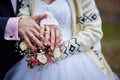 Hands of the bride and groom with rings on a beautiful wedding bouquet Royalty Free Stock Photo