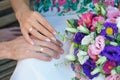 Hands of bride and groom with rings and wedding bouquet Royalty Free Stock Photo