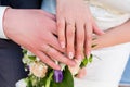 Hands of the bride and groom with rings on wedding bouquet Royalty Free Stock Photo