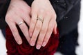 Hands of the bride and groom with rings on wedding bouquet Royalty Free Stock Photo