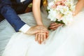 Hands of the bride and groom with rings wedding bouquet. Royalty Free Stock Photo