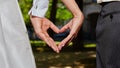 Hands bride and groom in shape of heart Royalty Free Stock Photo