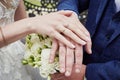 hands of bride and groom with wedding rings on the background of the bouquet. wedding traditions Royalty Free Stock Photo