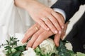 Hands of the bride and groom with wedding rings on a bouquet. The wedding ceremony. Love. Wedding rings Royalty Free Stock Photo