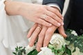 Hands of the bride and groom with wedding rings on a bouquet. The wedding ceremony. Love. Wedding rings Royalty Free Stock Photo