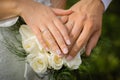 Hands of the bride and groom with wedding rings on a wedding bouquet of white roses Royalty Free Stock Photo