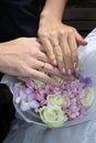 Hands of the bride and groom with wedding rings on the bride`s bouquet Royalty Free Stock Photo