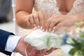 Hands of the bride during the wedding as they take the wedding ring for the exchange of rings Royalty Free Stock Photo