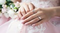 Hands of the bride with wedding nail design Royalty Free Stock Photo