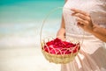 Hands bridesmaid holding a basket of rose petals Royalty Free Stock Photo