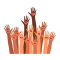 Hands with burning candle. flat stickers, poster. Color image of raised hands with different skin color. Royalty Free Stock Photo