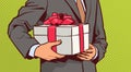 Hands Of Business Man Hold Gift, Sketch Present Box With Red Ribbon Bow On Comic Background Royalty Free Stock Photo