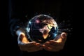 Hands of a business man holding illuminated earth planet with a concept of a global business communication network, Digital Royalty Free Stock Photo