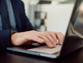 Hands, business man and laptop keyboard for planning research, data information or administration. Closeup, corporate Royalty Free Stock Photo