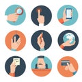 Hands with business object icons set, Flat Design Vector illustration