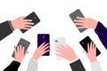 Hands of business people with cell phones. Group of people men and women take photos, videos on smartphone. Record of an