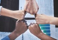 Hands of business people for support, motivation for team goal and trust in partnership with finance employees in a Royalty Free Stock Photo