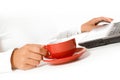 Hands of business woman with mouse and coffee Royalty Free Stock Photo