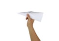 Hands of businessman catch white paper plane isolated on white b