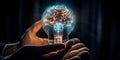 Hands of businessman holding light bulb and brain with data network digital technology. development, industrial and science