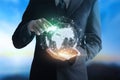 Hands businessman touching Technologies connecting the world. Royalty Free Stock Photo