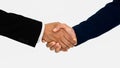 Hands of businessmen in business suit having handshake after success of making deal isolated on white background with clipping Royalty Free Stock Photo