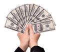 Hands of businesswoman carrying a lot of money dollars Royalty Free Stock Photo